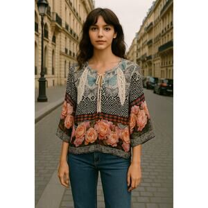 Fig And Flower Floral Butterfly Top Womens Size Small Tassel Lace Cottage Boho